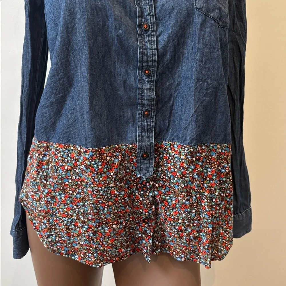 Anthropologie Postage Stamp chambray floral denim button down shirt longsleeve 4 - Picture 4 of 11